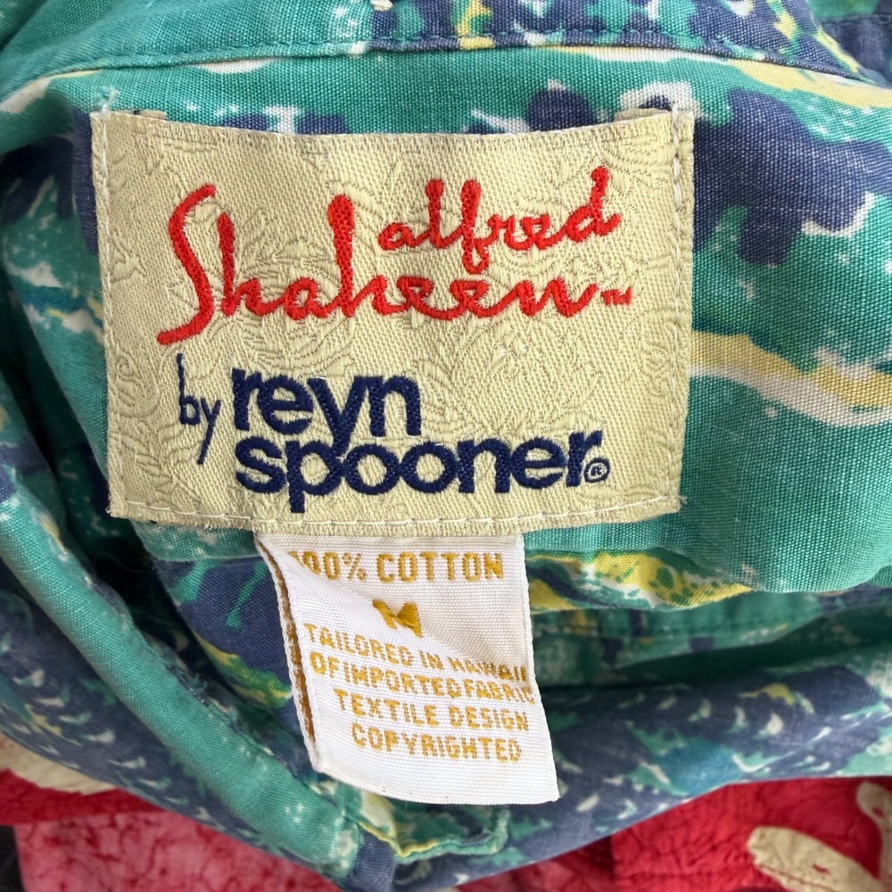 Reyn Spooner Alfred Shaheen Hawaiian Shirt M Teal Tapa Tribal Geometric Aloha - Picture 4 of 7